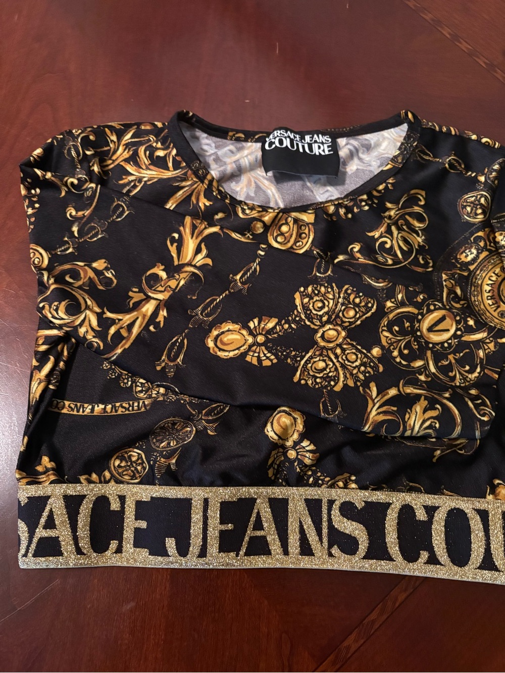Versace Jeans Collection Black & Gold Baroque Crop Long Sleeve Top